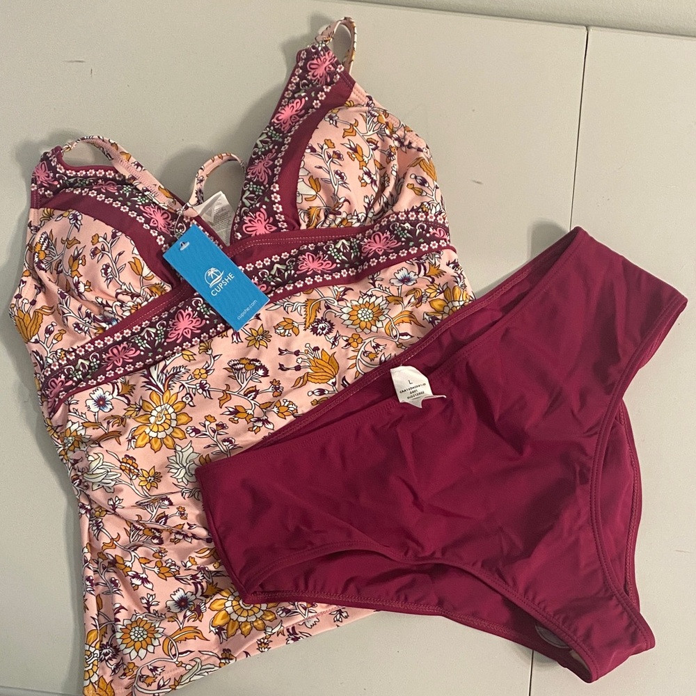 Cupshe Floral Bikini Set - Pink and Burgundy